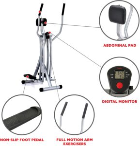 The console, the abdominal support pad, pedal, and the handlebars of the Sunny Health & Fitness SF-E902 Air Walk Trainer