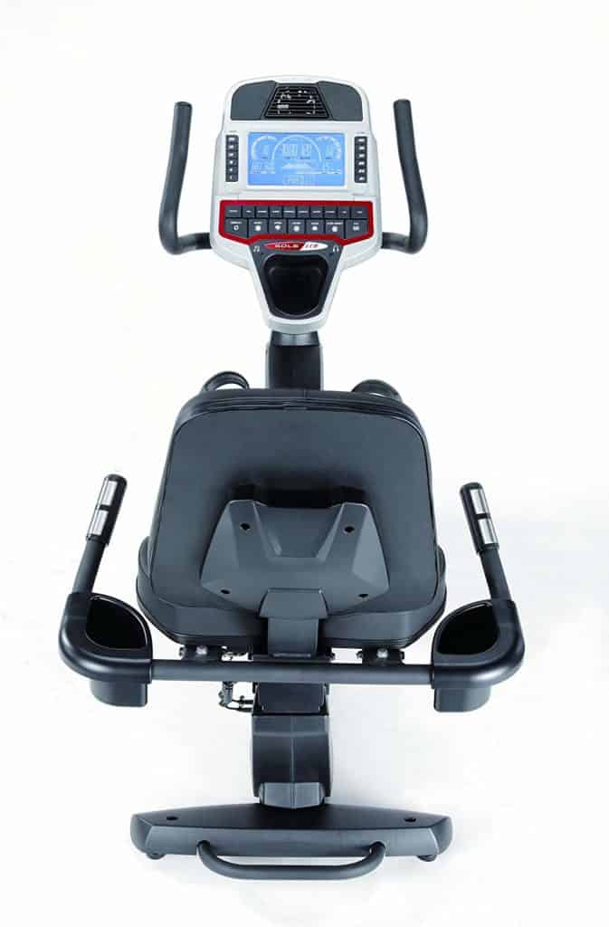 The handlebars  of the Sole Fitness LCR Light Commercial Recumbent Bike