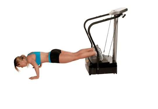 A lady doing push ups with her legs on the Confidence Fitness Slim Full Body Vibration NHCFV-2000 Machine