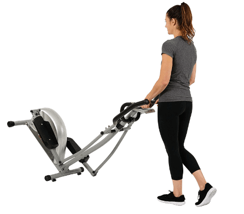 EFITMENT Compact Magnetic Elliptical Trainer Model E005 is being rolled away for storage