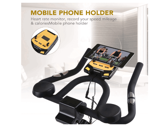 MaxKare Stationary Cycling Spin Bike's multi grip handlebar, tablet holder, LCD monitor and contact sensors