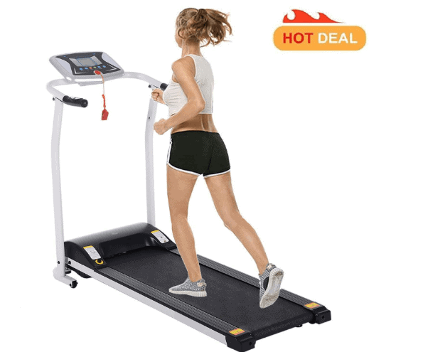 A lady is jogging on the Miageek Fitness Folding Electric Treadmill