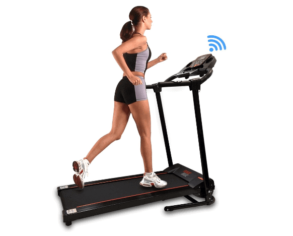 A woman is jogging on the SereneLife Smart Digital Folding Electric Motorized Treadmill SLFTRD18