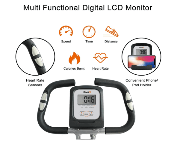 The console, the handlebar, and  the EKG sensors of the ATIVAFIT Stationary Foldable Exercise Bike 