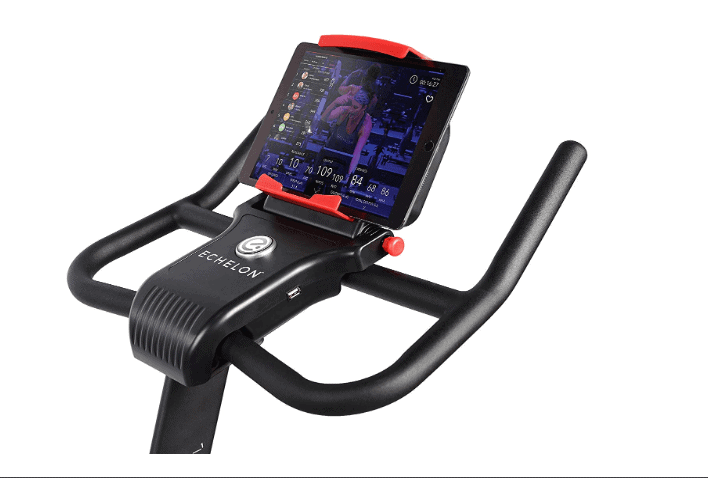 The handlebar and the tablet holder of the Echelon Smart Connect EX-3 Bike