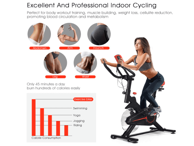 A lady riding the GOPLUS Indoor Cycling Bike V