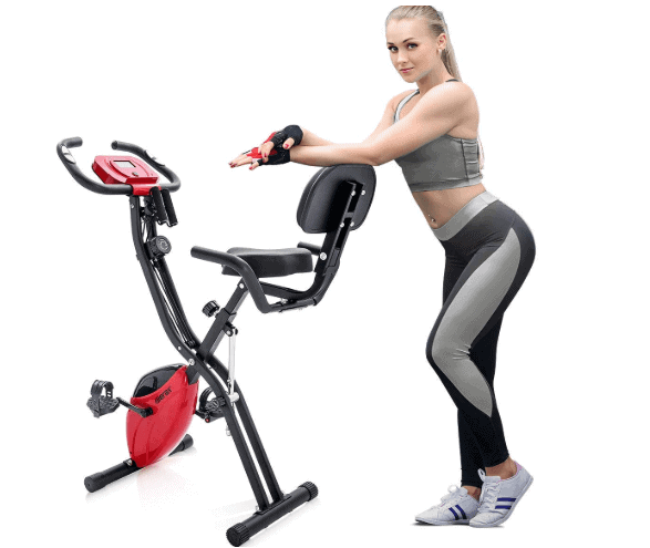 A lady poses with the Merax 3 in 1 Exercise Bike