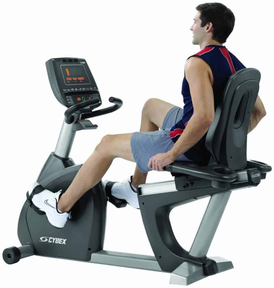 Cybex 750R Recumbent Bike is being ridden by a man