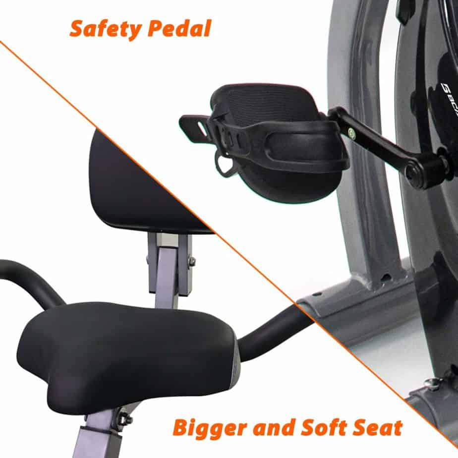 The seat and the pedals of the BCAN Folding Exercise Bike