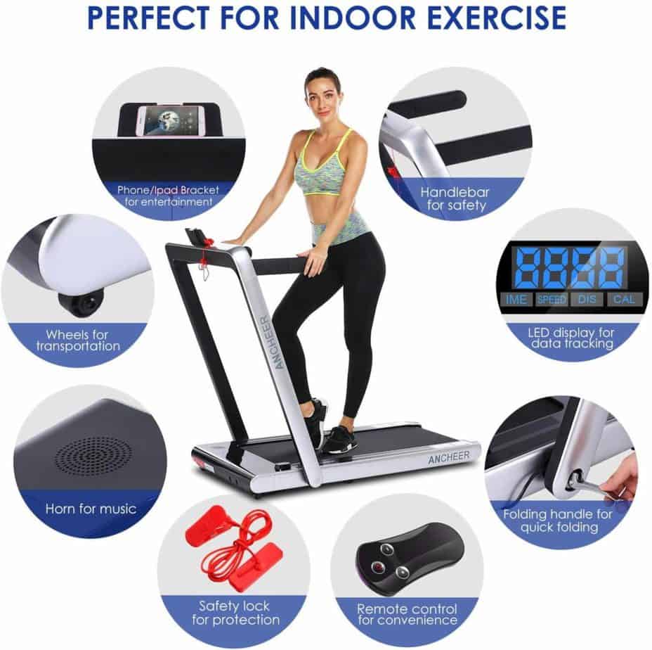 The features of the ANCHEER 2-in-1 Folding Treadmill