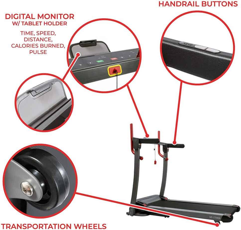 The console, transport wheel, and the handlebar of the Sunny Health & Fitness Folding Electric Treadmill SF-T7909