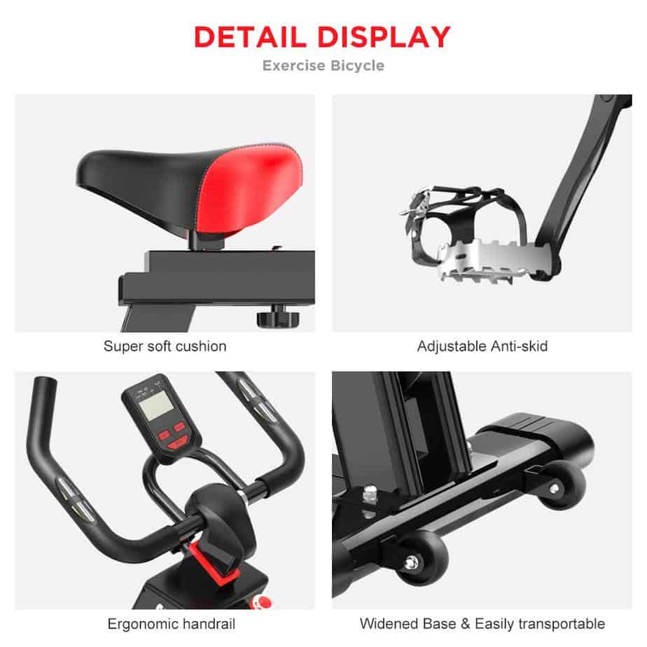The seat, the handlebar, the pedals, the base, and the console of the Dripex Indoor Exercise Bike
