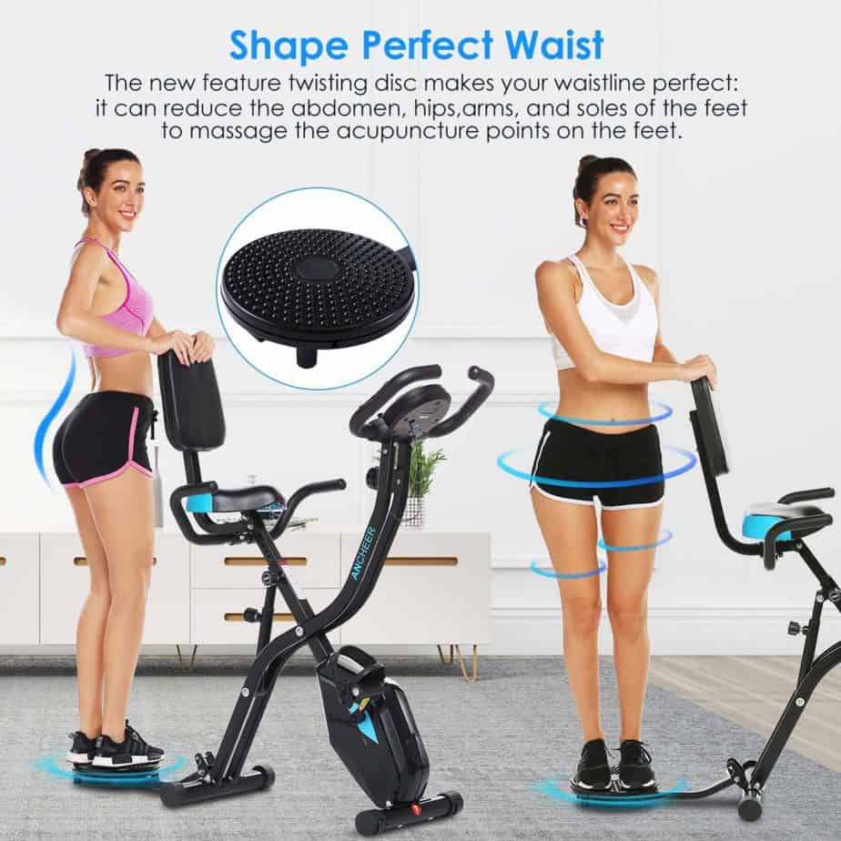 A lady is using the twister plate on the Zafuar 3-in-1 Slim Folding Cycling Exercise Bike