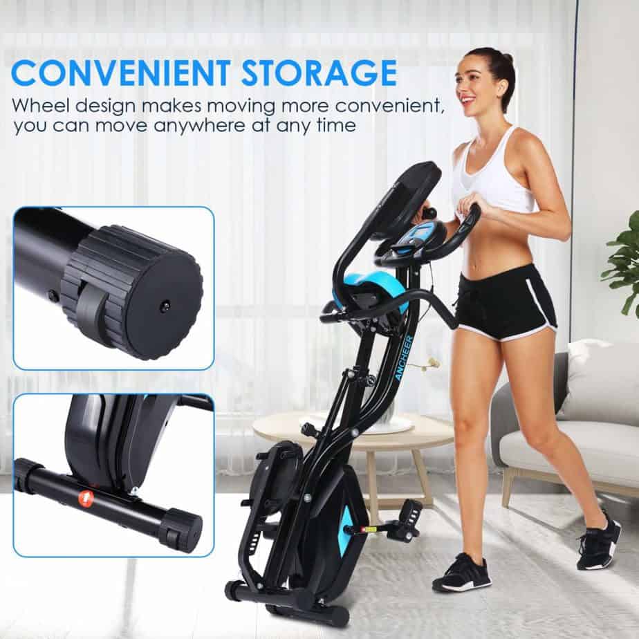 A lady is moving the Zafuar 3-in-1 Slim Folding Cycling Exercise Bike to storage
