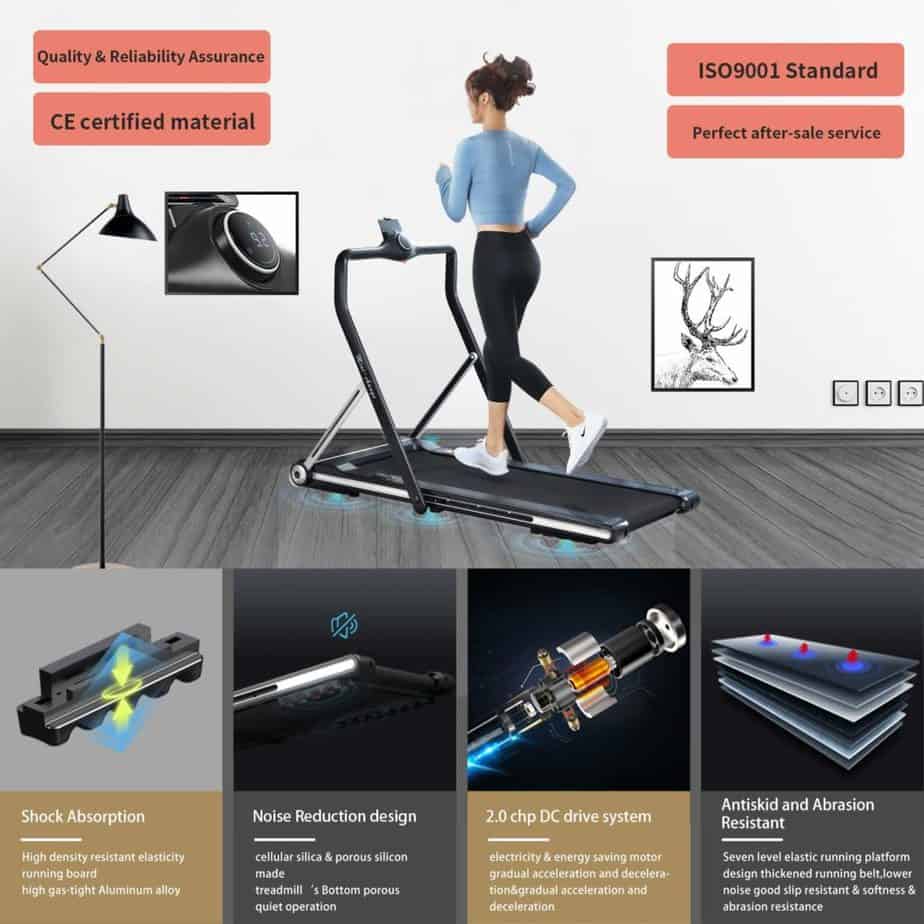 The motor and the tread belt cushioning system of the RHYTHM FUN Folding Under-Desk Treadmill