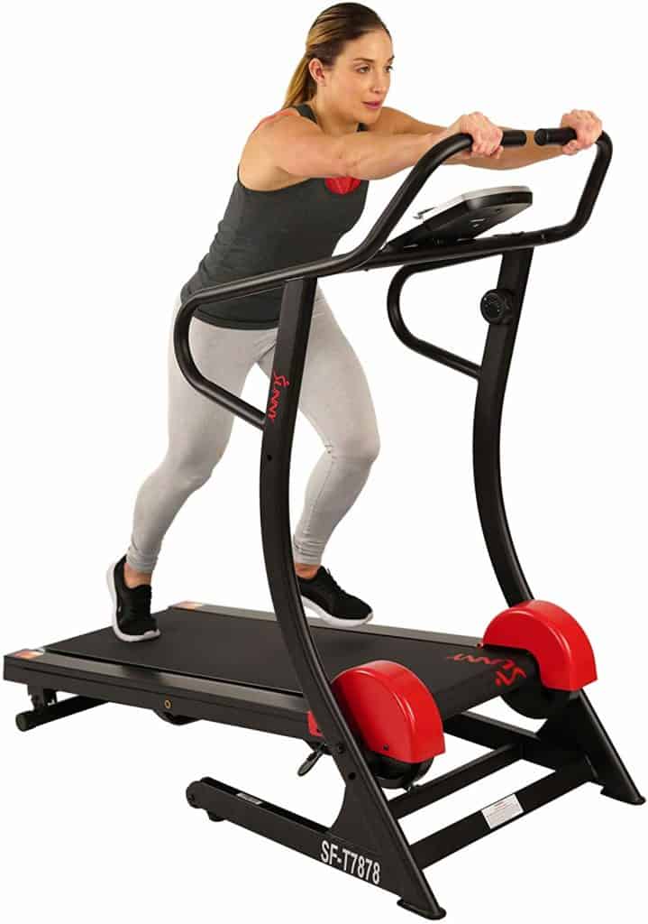 A lady is exercising on the Sunny Health & Fitness SF-T7878 Treadmill