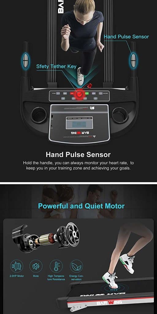 The 2.0 HP motor and the console of the BARWING Electric Folding Treadmill