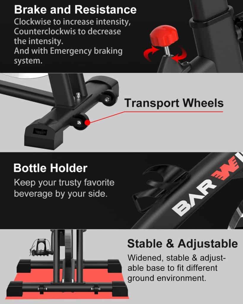 The transport wheels, tension resistance knob, water bottle holder and the adjustable stabilizers of the BARWING Indoor Exercise Bike