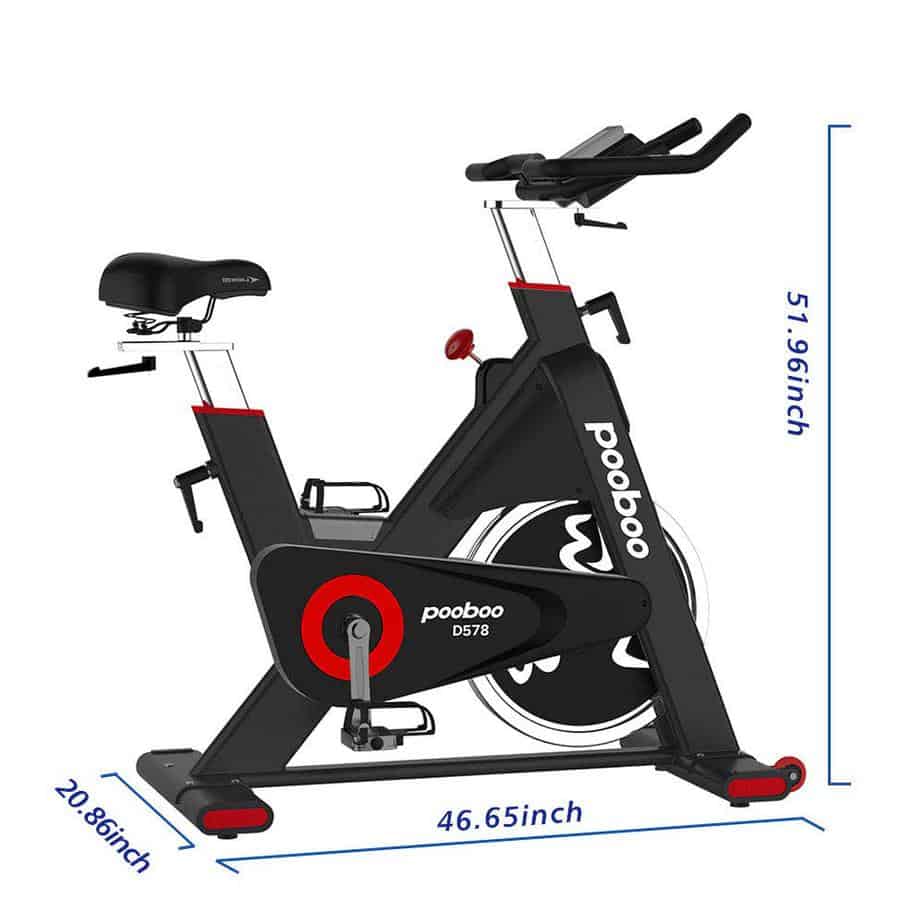 The Pooboo D578 Indoor Cycling Bike with its dimensions