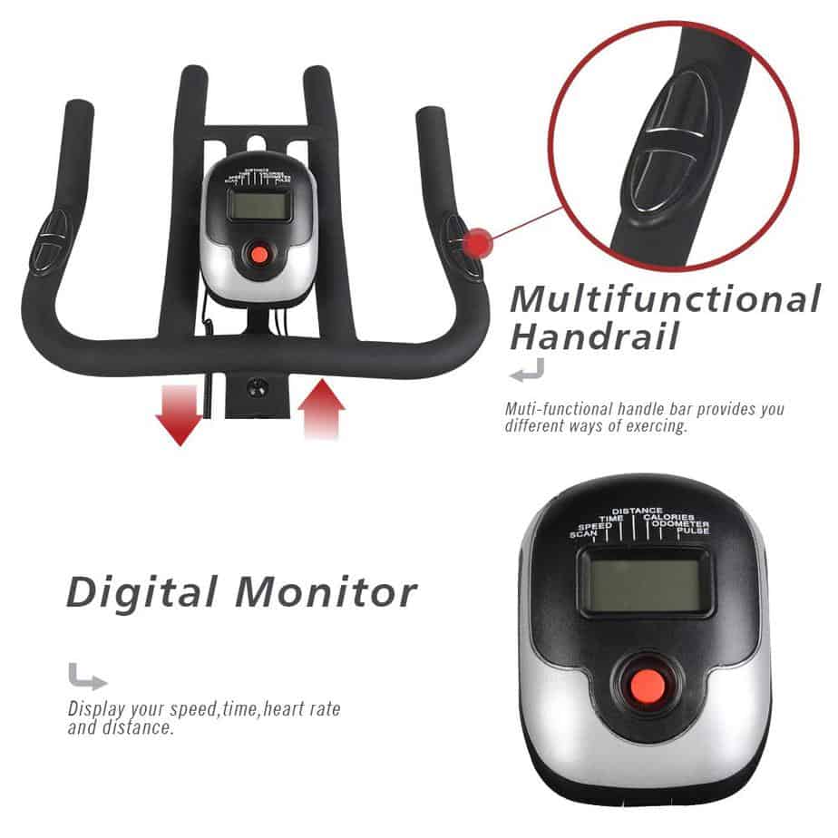 Handlebar, console, and the EKG sensor of the Pooboo D686 Indoor Cycling Bike