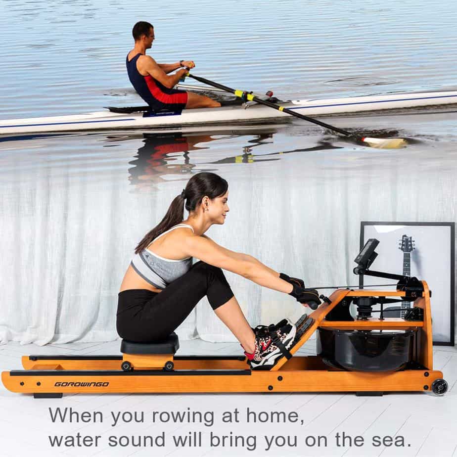 A lady is working out with the Gorowingo Wooden Water Rower