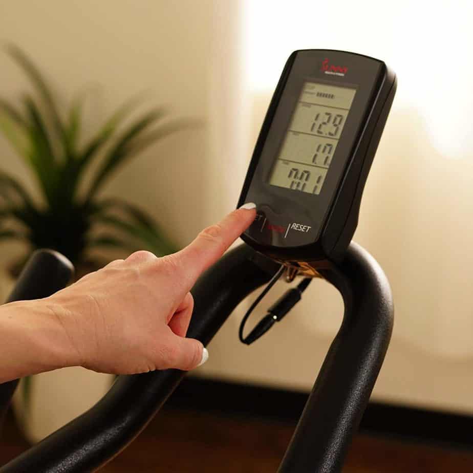 The Console/display of the Sunny Health & Fitness SF-B1709 Indoor Cycling Bike