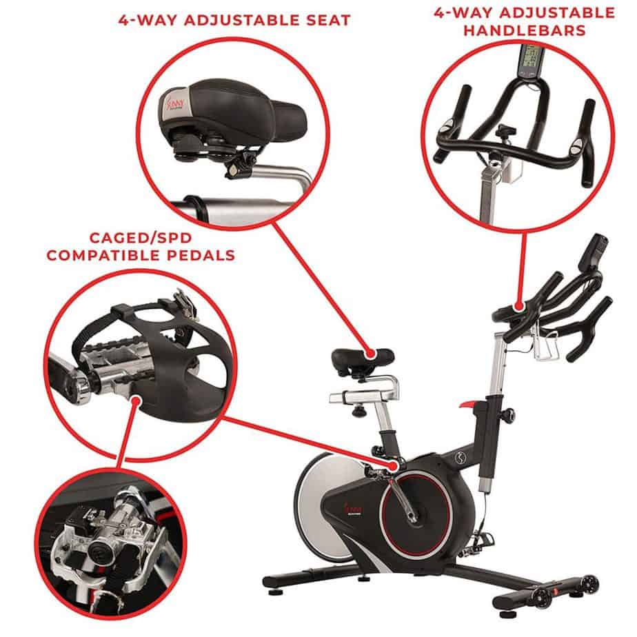 The pedal, the seat, and the handlebar, of the Sunny Health & Fitness SF-B1709 Indoor Cycling Bike