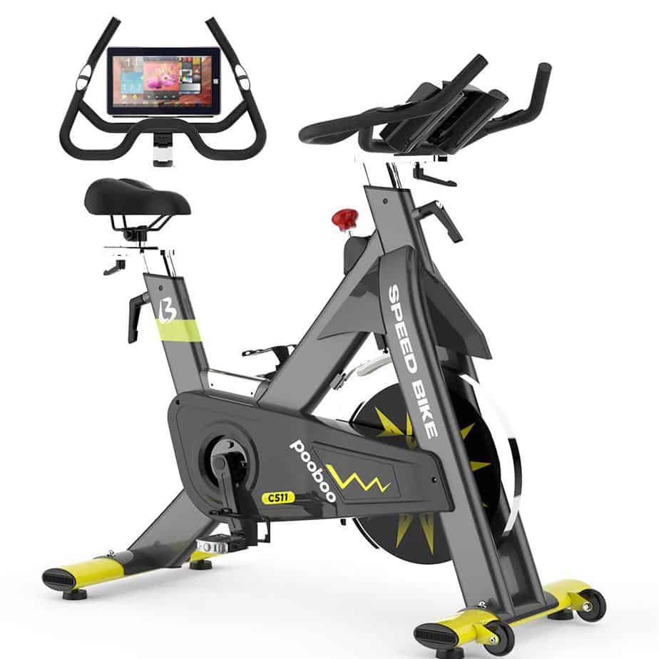 The Pooboo C511 Commercial Cycling Bike and the demonstration of how the tablet holder holds a device