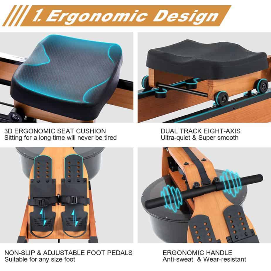 The seat, handle, and the pedals of the Gorowingo Wooden Water Rower