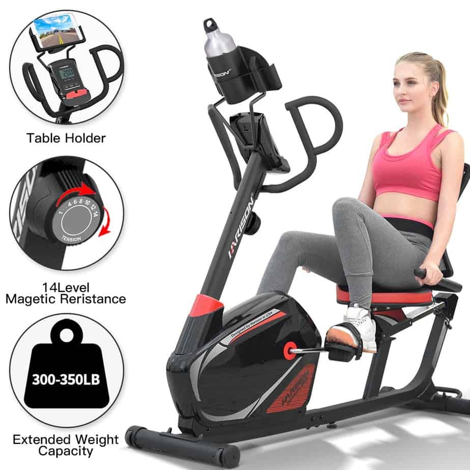 The console, resistance knob, of the Harison Magnetic Recumbent Exercise Bike and a lady working out with it