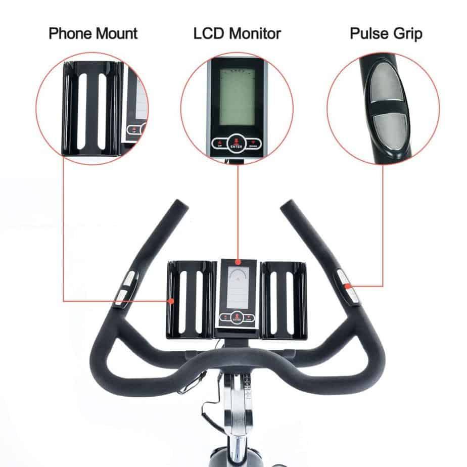 The phone mount, console, the EKG HR sensors, and the handlebar of the TECHMOO Indoor Cycling Bike 