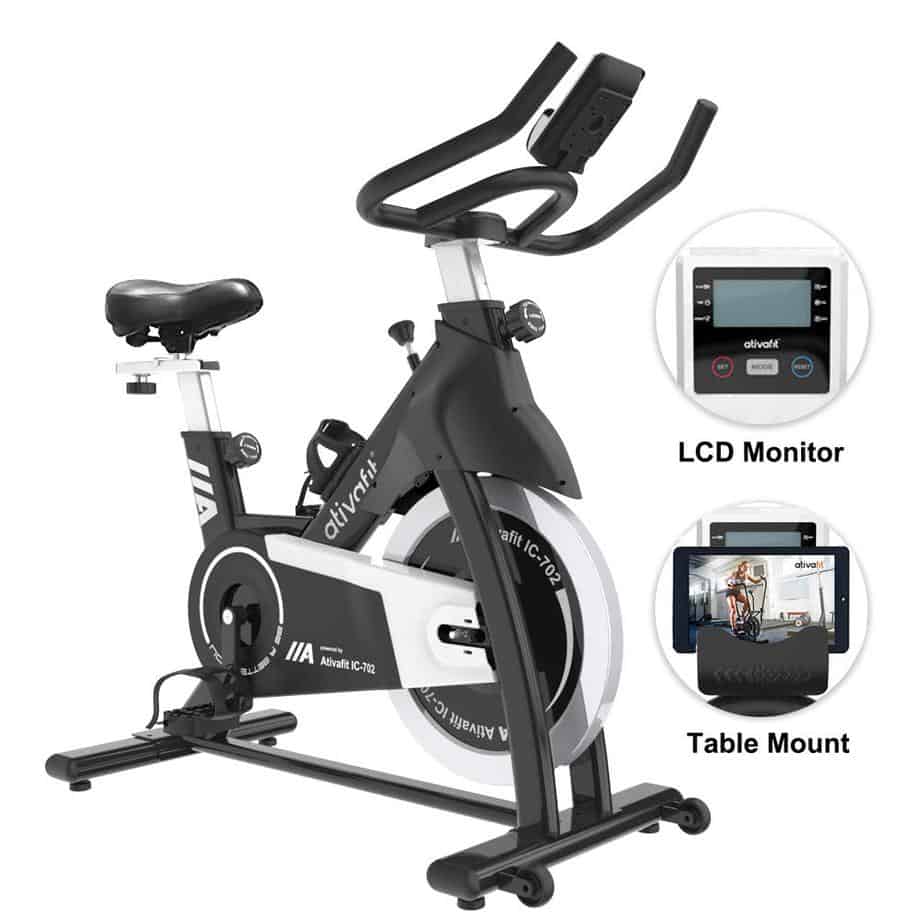 The Ativafit IC-702 Indoor Cycling Bike with the console/monitor and a tablet device on the tablet holder