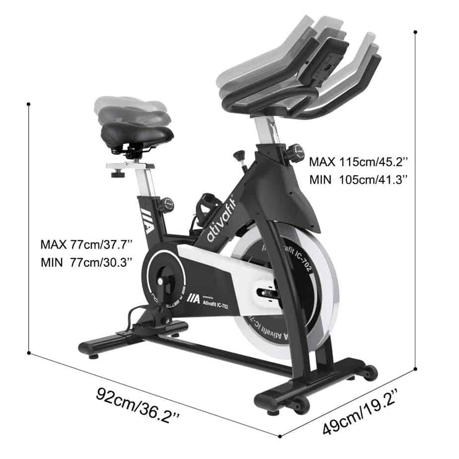 The adjustable seat and handlebar of the Ativafit IC-702 Indoor Cycling Bike on display