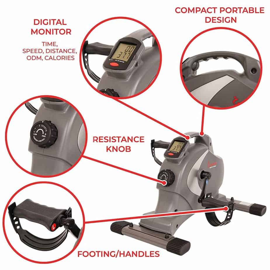 The pedal/handle, and the LCD monitor of the Sunny Health & Fitness SF-B0418 Mini Bike 