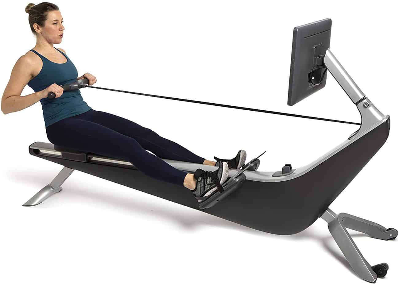 A lady athlete is working out with the Hydrow Live Outdoor Reality Rower
