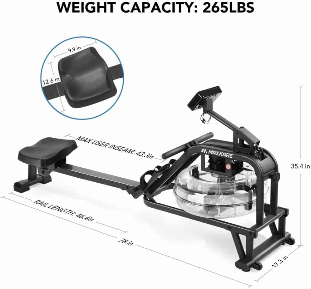 The Maxkare Water Rowing Machine with the seat on display