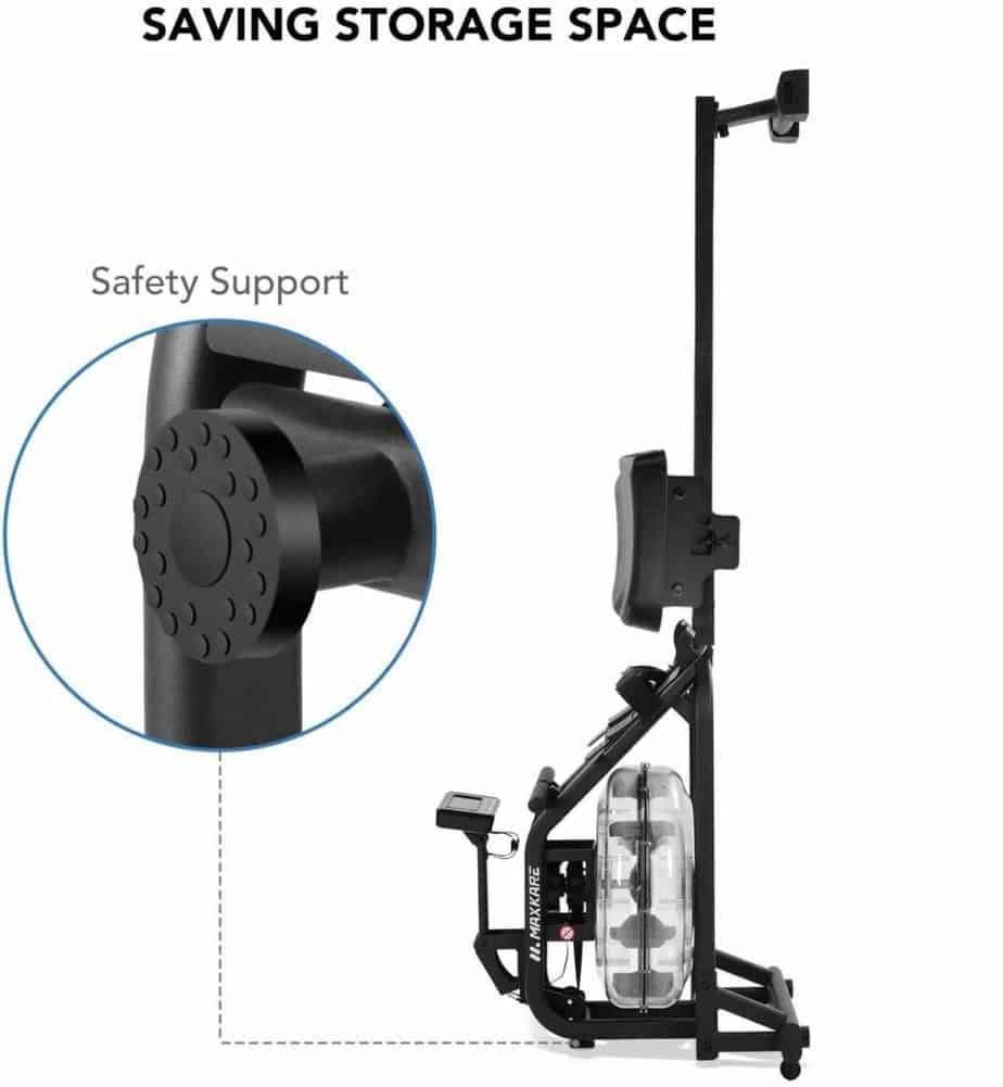 The Maxkare Water Rowing Machine stored vertically