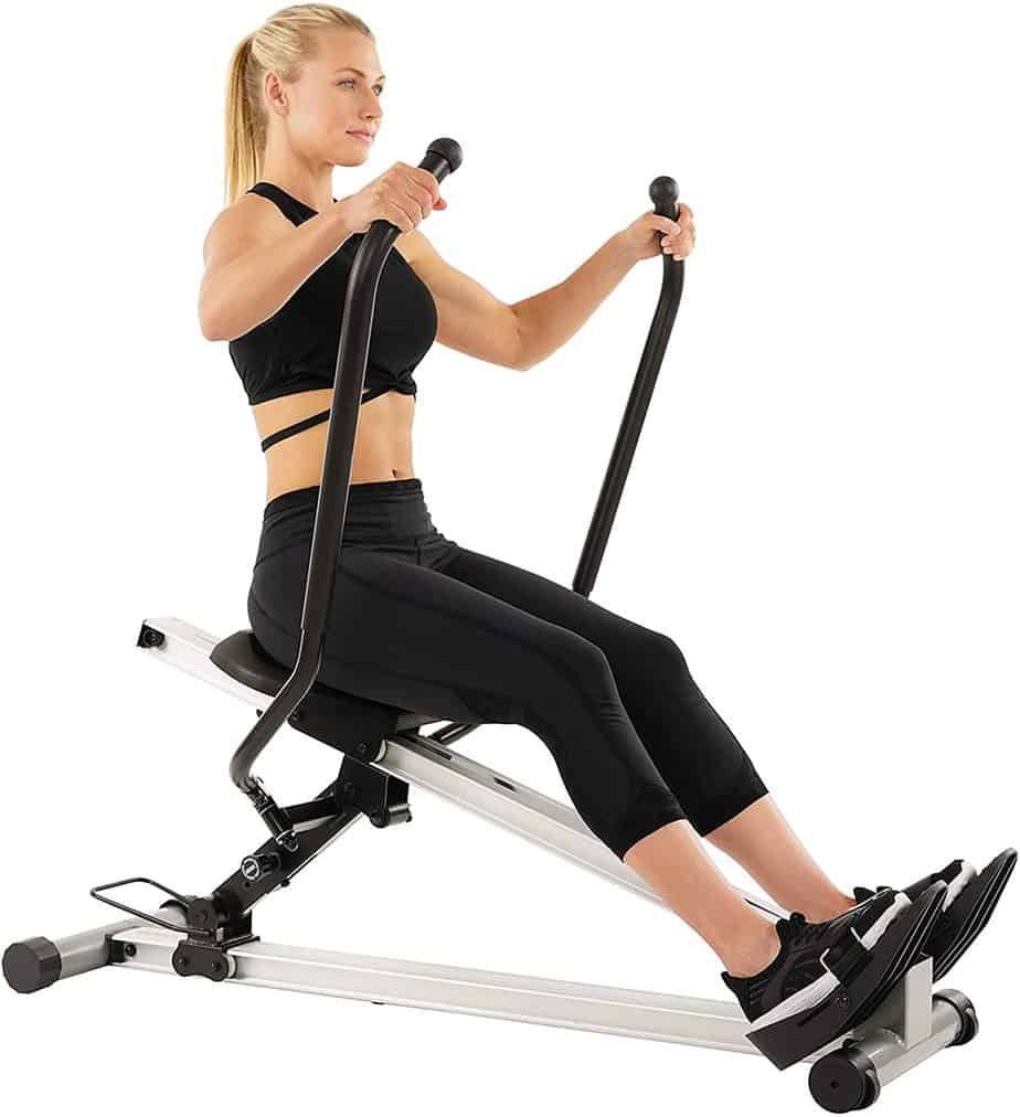 A lady rowing on the Sunny Health and Fitness SF-RW5720 Incline Slide Rower