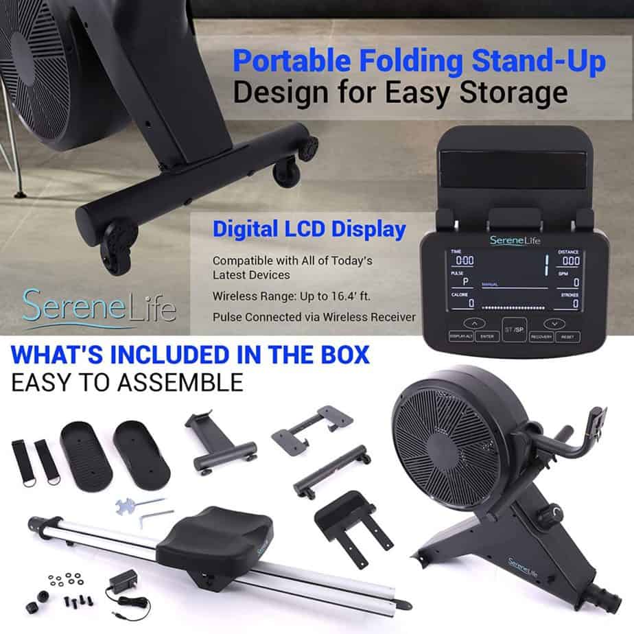 The unassembled parts of the SereneLife SLRWMC60 Smart Rowing Machine 