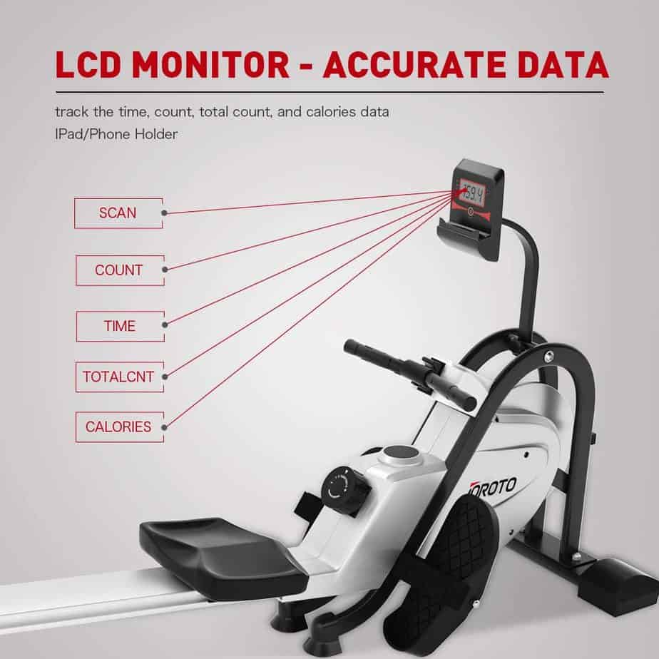 The workout stats the LCD monitor of the JOROTO MR35 Rowing Machine tracks