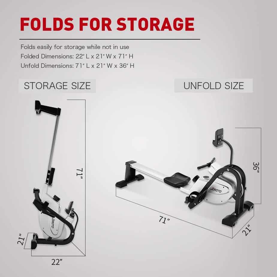 The vertical storage form of the JOROTO MR35 Rowing Machine