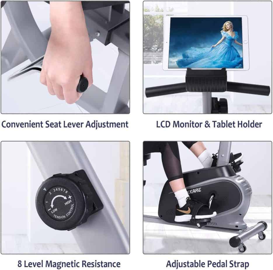 The drive, seat adjustment lever, the tension knob, and the tablet holder of the MaxKare Recumbent Exercise Bike