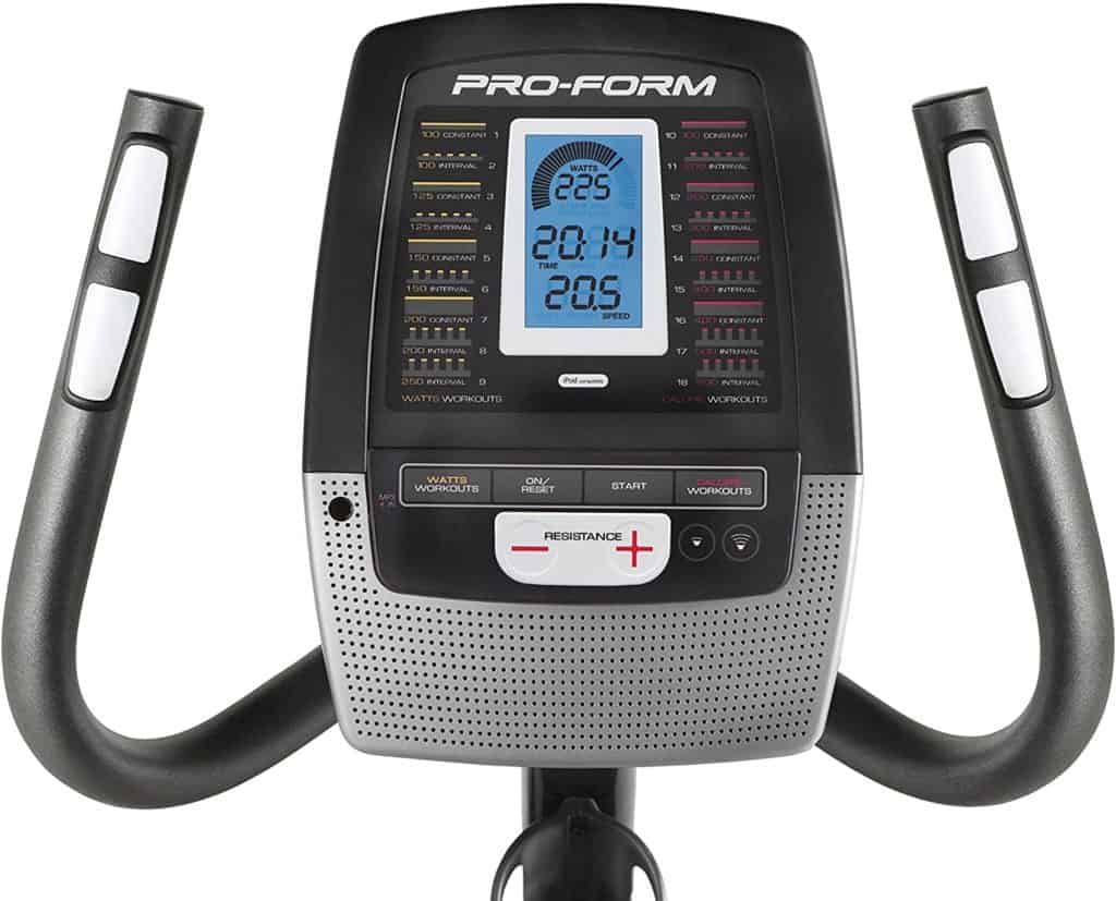 The console and the front handlebars of the ProForm 235 CSX Recumbent Exercise Bike 