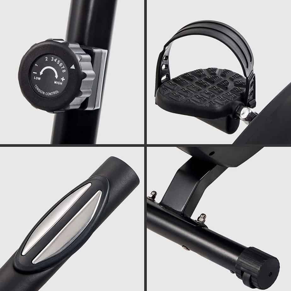 The resistance adjustment knob, pedal, EKG HR sensors, and the transport wheel/base of the DuraB Recumbent Exercise Bike