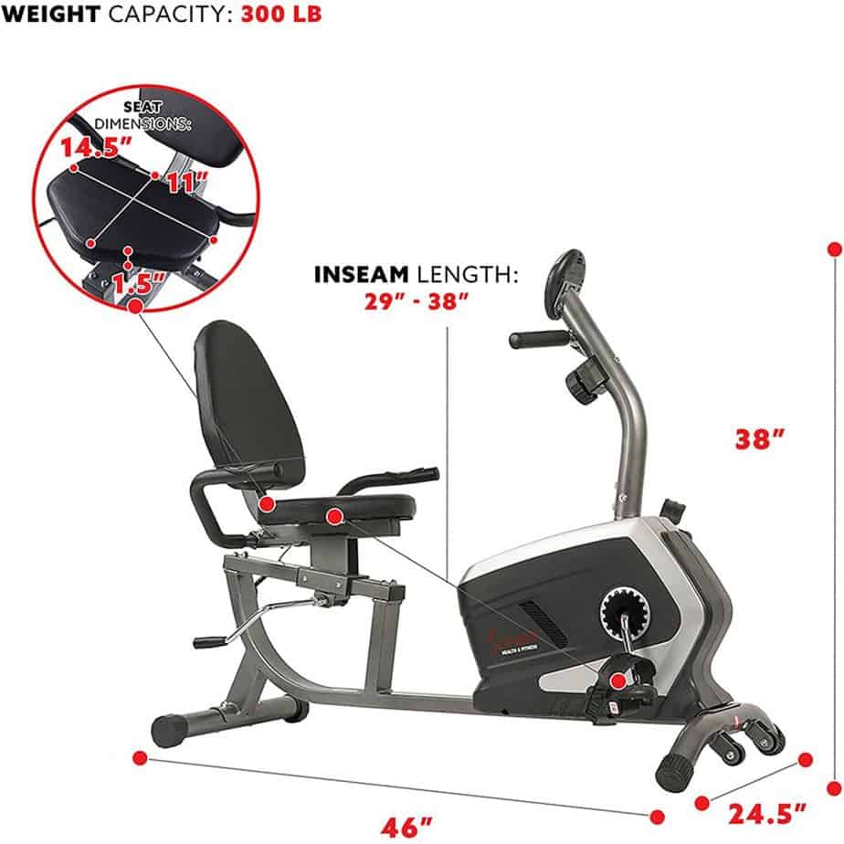 The seat of the Sunny Health and Fitness SF-RB4616 Magnetic Recumbent Bike