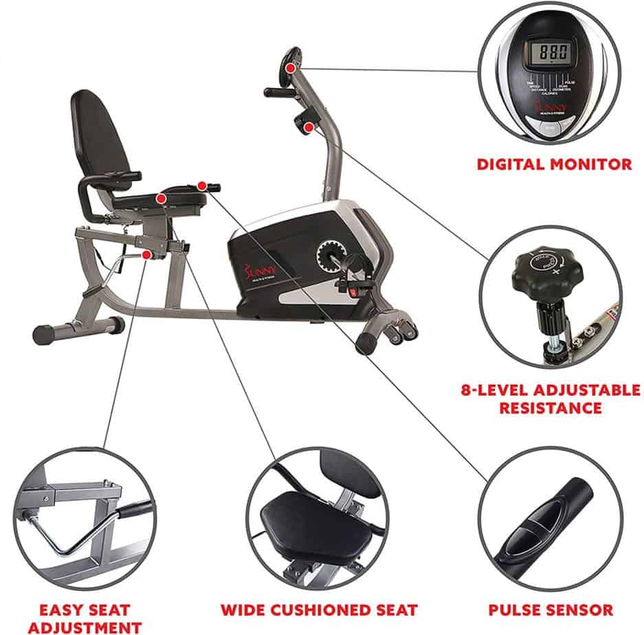 The features of the Sunny Health and Fitness SF-RB4616 Magnetic Recumbent Bike