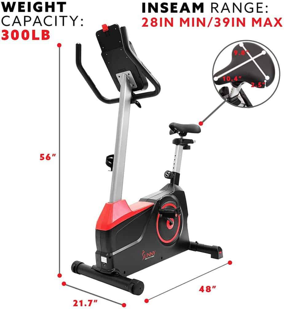 The seat of the Sunny Health & Fitness Evo Fit SF-B2969 Upright Bike