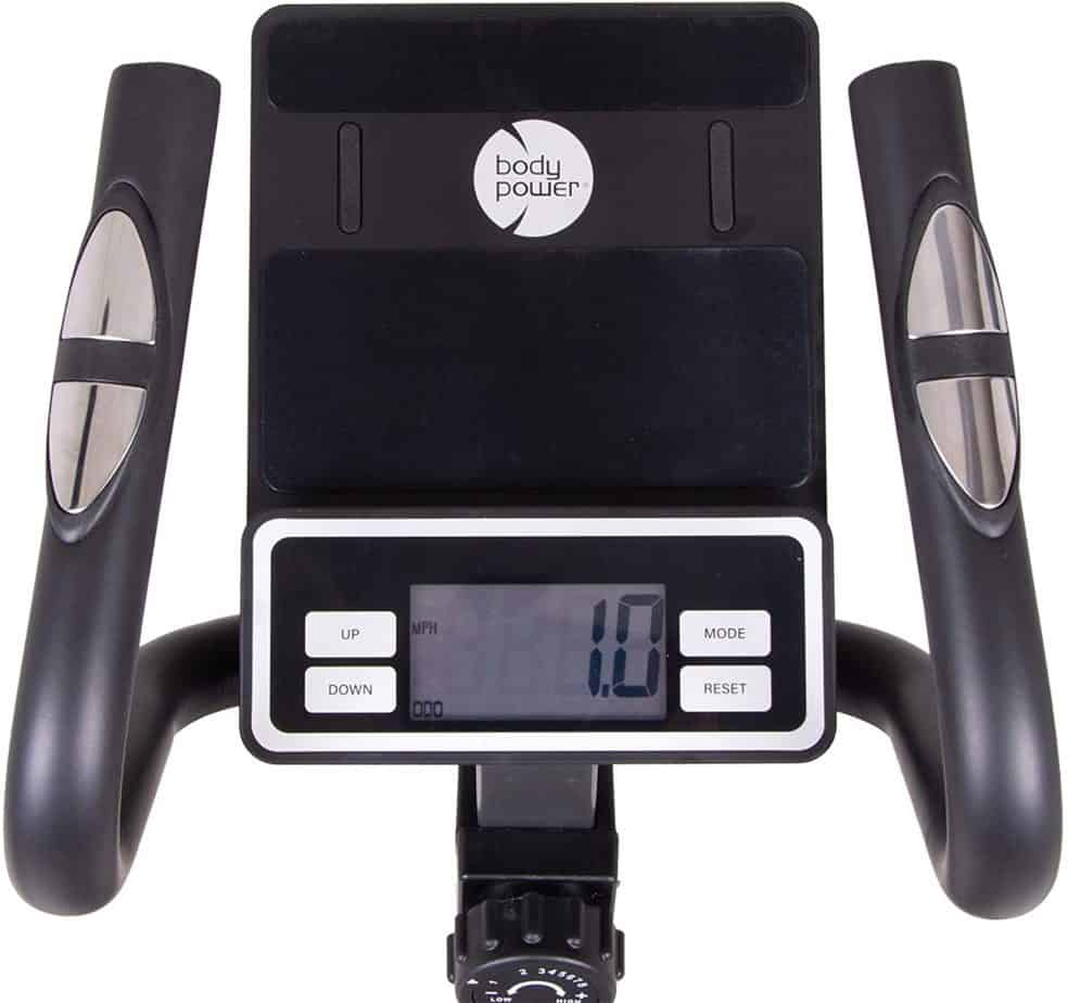 The console and the tablet holder of the Body Power 2-in-1 BST800 Elliptical Stepper Trainer