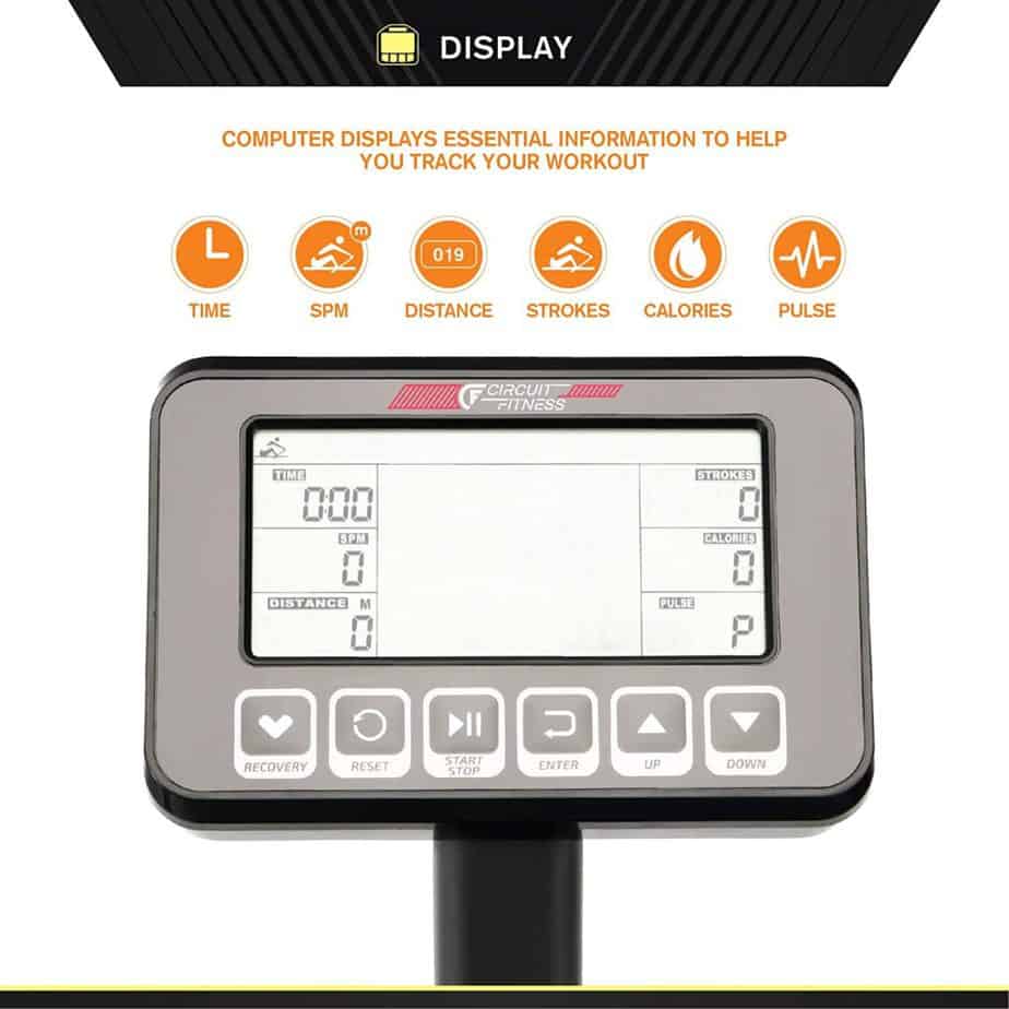 The console of the Circuit Fitness AMZ-167RW Water Rowing Machine