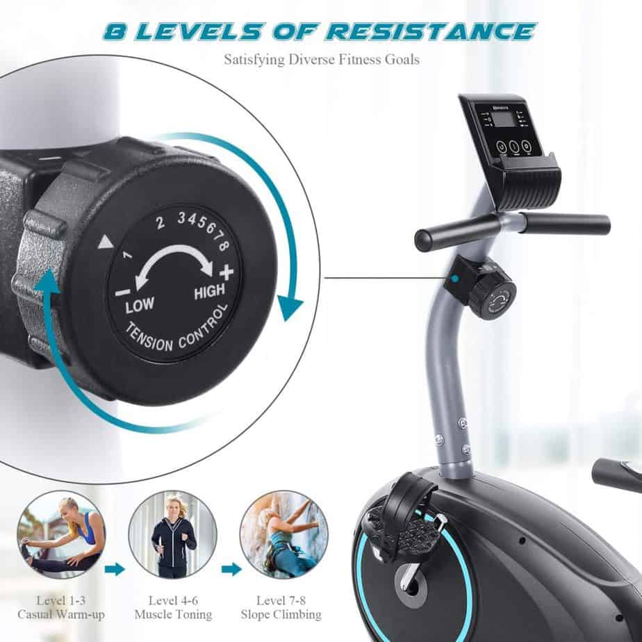 The resistance control knob of the Marnur Recumbent Exercise Bike